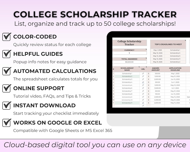 大学奨学金トラッカー Google Sheet 大学計画スプレッドシートテンプレート 大学準備締め切りトラッカー Excel 大学プランナー 画像 2