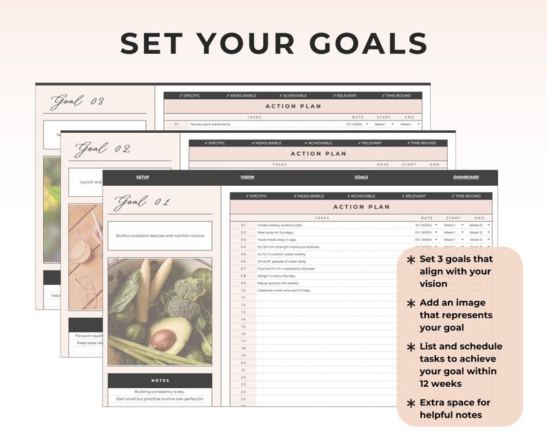 May include: A planner with the text "SET YOUR GOALS" at the top. The planner pages have sections for goals, action plans, and notes. The image includes text that says "Set 3 goals that align with your vision" and "List and schedule tasks to achieve your goal within 12 weeks."