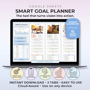 May include: A laptop screen displaying a SMART GOAL PLANNER template. The screen shows a pastel-colored layout with sections for goal setting, action plans, and progress tracking. Text includes "SMART GOAL PLANNER" and "The tool that turns vision into action."