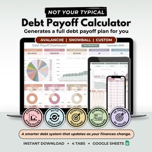 May include: A digital debt payoff calculator displayed on a laptop, tablet, and smartphone screen. The interface features a Debt Payoff Dashboard with pie charts, bar graphs, and financial data. Five circular icons highlight features like compare strategies, auto updating, adaptive tracking, dynamic dashboard, and 25 debts over 30 years. Text includes Not Your Typical Debt Payoff Calculator, Avalanche, Snowball, Custom, and A smarter debt system that updates as your finances change.