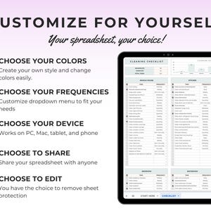 May include: A black tablet displays a cleaning checklist spreadsheet. The text reads "Customize for Yourself" and "Your spreadsheet, your choice!" Features include color and frequency customization, device compatibility, sharing, and editing options.