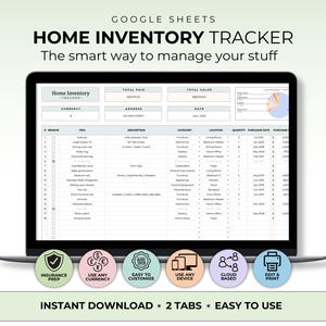 May include: A laptop screen displaying a Google Sheets home inventory tracker. The spreadsheet includes columns for item, description, category, and value. Text on the screen reads "HOME INVENTORY TRACKER" and "The smart way to manage your stuff."