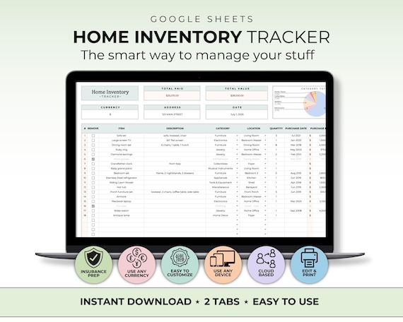 Home Inventory Tracker Template Google Sheet Home Management Emergency Prep Room Inventory Household Tracker Estate Planning Inventory Log