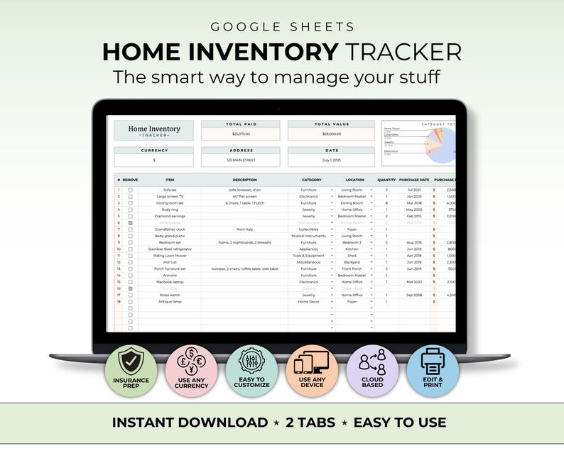 May include: A laptop screen displaying a Google Sheets home inventory tracker. The spreadsheet includes columns for item, description, category, and value. Text on the screen reads "HOME INVENTORY TRACKER" and "The smart way to manage your stuff."
