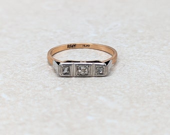 Art Deco Diamond Geometric Three Stone Engagement Ring in 18k Gold & Platinum