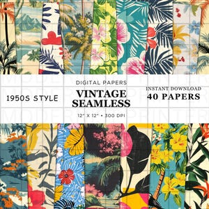 Pode incluir: Uma colagem de 40 papéis digitais com padrões tropicais vintage em cores brilhantes, incluindo palmeiras, flores e folhas. Os papéis medem 30,5 cm por 30,5 cm e 300 DPI. O texto "1950s Style Vintage Seamless 40 Papers" está incluído na imagem.