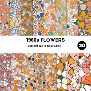 Retro Digital Paper Set, Seamless Textures, 1960s Patterns, Vintage Patterns, Trendy Patterns, Printable, Commercial Use Groovy Flowers