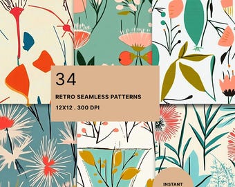 May include: A collection of 34 seamless patterns featuring botanical and abstract shapes in shades of coral, teal, mustard yellow, and cream. A central text box reads 34 RETRO SEAMLESS PATTERNS 12X12 . 300 DPI, with an INSTANT DOWNLOAD circle below.