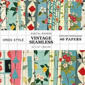 以下が含まれることがあります： 1950 年代のスタイルのヴィンテージシームレスパターン40 個を含むデジタルペーパーパック。パターンは、花柄、幾何学模様、抽象的なものなど、さまざまな色とデザインが特徴です。ペーパーは 12 インチ x 12 インチ、300 DPI です。