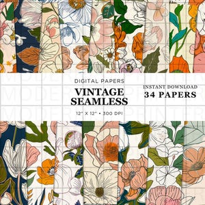 Gedurfd naadloos bloemenpatroon – terracotta en crème lijnkunstbloemen | Vintage boho digitaal papier voor stof, verpakking, kaarten en handwerk