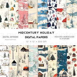 Midcentury moderne Winter Feiertagsszene, perfekt für Scrapbooking, Basteln, Einladungen und Heimwerken. Sofort download, Geschenk für Sie, zum aufmuntern