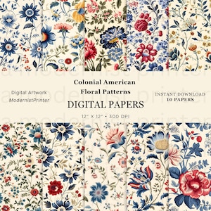 Carta digitale con motivi floreali coloniali, 12 disegni originali, JPG istantanei stampabili, perfetti per l'artigianato, Americana, 2