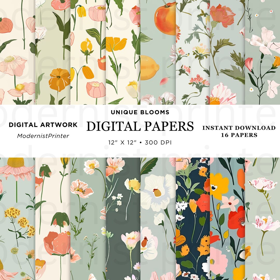 Meadow Blooms Floral Digital Paper, 16 Original Seamless Designs ...