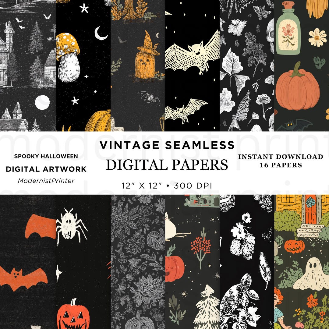 Midcentury Modern Halloween Digital Paper: Vintage Orange Spooky Fabric ...