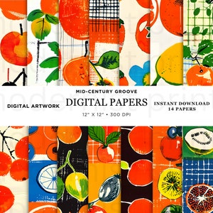 Fruta abstracta de mediados de siglo, 14 diseños originales, perfecto para manualidades y proyectos de bricolaje, papeles de álbum de recortes, descarga digital, uso comercial
