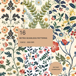Könnte beinhalten: Eine digitale Sammlung von 16 nahtlosen Mustern mit Blumen- und Pflanzenmotiven in Orange, Dunkelblau, Grün und Creme. Der Text 16 RETRO SEAMLESS PATTERNS 12X12 . 300 DPI und INSTANT DOWNLOAD ist auf dem Bild deutlich zu erkennen.