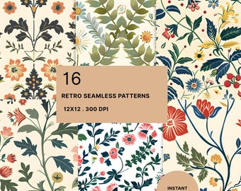 May include: A digital collection of 16 seamless patterns featuring floral and botanical motifs in shades of orange, dark blue, green, and cream. The text 16 RETRO SEAMLESS PATTERNS 12X12 . 300 DPI and INSTANT DOWNLOAD is visible on the image.