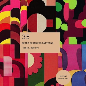 May include: A digital collection of 35 retro seamless patterns featuring bold geometric shapes, curved lines, and vibrant colors including neon pink, yellow, red, and black. The text reads 35 RETRO SEAMLESS PATTERNS 12X12 . 300 DPI and INSTANT DOWNLOAD.