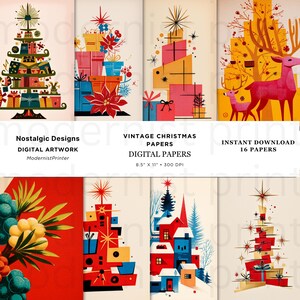 May include: A collection of vintage Christmas digital papers with retro designs. The papers feature colorful illustrations of Christmas trees, gifts, and winter scenes. The text on the image reads "Nostalgic Designs, Digital Artwork, Vintage Christmas Papers, Digital Papers, Instant Download 16 Papers."