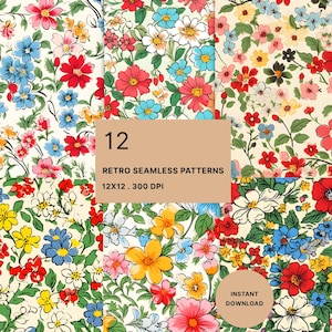 May include: A collection of 12 retro seamless floral patterns. Each pattern features a variety of colorful flowers, including red, blue, yellow, and pink, set against a cream background. The image includes the text "Retro Seamless Patterns" and "Instant Download."