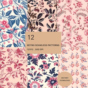 Puede incluir: Una colección de 12 patrones retro sin costuras. Los patrones presentan diseños florales en tonos rosa, azul y crema. La imagen incluye el texto "Retro Seamless Patterns" e "Instant Download".