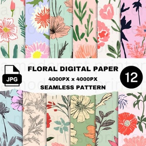 12 grote bloemen digitaal papier, levendige originele naadloze ontwerpen, afdrukbare instant jpg's, perfect voor knutselen en doe-het-zelfprojecten