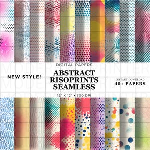 Puede incluir: Una colección de papeles digitales con diseños abstractos de risografía. Los papeles presentan varios patrones, incluyendo puntos y gradientes de color, en tonos de rosa, azul, amarillo y rojo. El texto dice "Abstract Risoprints Seamless" y "New Style!"