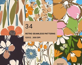 Retro Floral Digital Paper: Seamless Pattern, Vintage Scrapbook Paper, 34 Designs, Instant Download