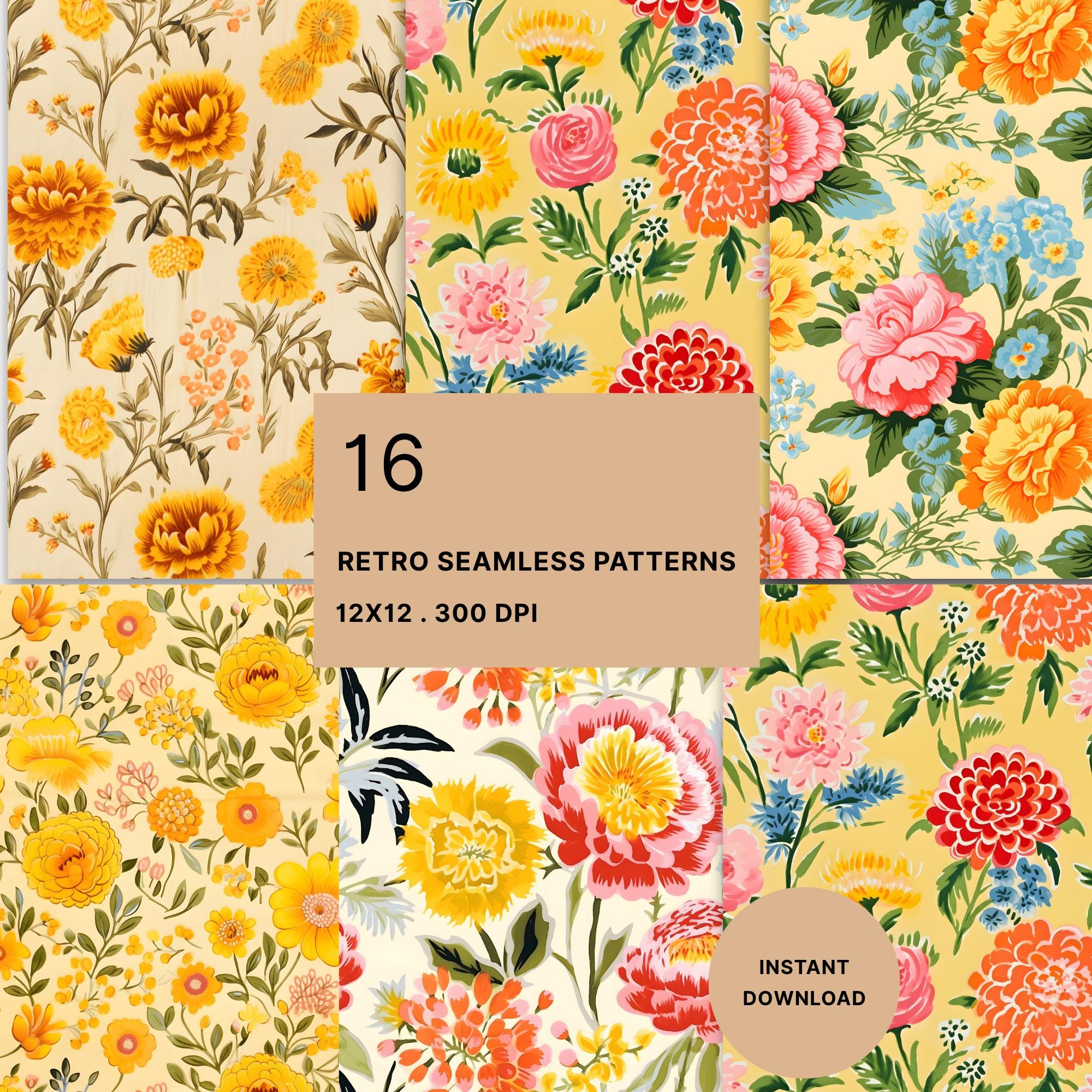 レトロな黄色の花柄デジタルペーパー：ヴィンテージシームレスパターン 