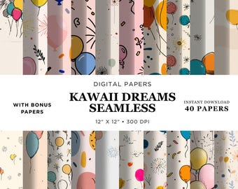 Kawaii Balloon Digital Paper Pack: 40 Pastel Seamless Patterns (Digital Download)