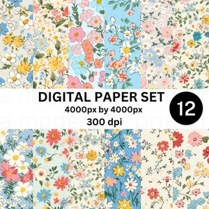 Tiny Blossoms Feedsack bloemen digitaal papier, 12 originele naadloze ontwerpen, afdrukbare instant JPG, perfect voor knutselen en doe-het-zelfprojecten