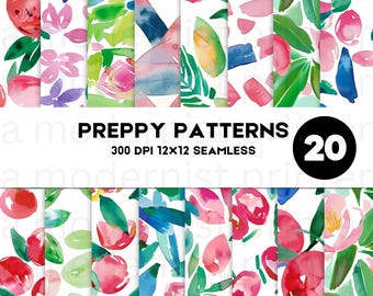 20 Scrapbook Paper Digital Pink Green Preppy Floral Patterns Printable Crafting Backgrounds