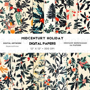 Midcentury Modern Winter Holiday Fest, perfect voor scrapbooking, knutselen, uitnodigingen en doe-het-zelvers. Directe download, cadeau voor haar, Happy Holly