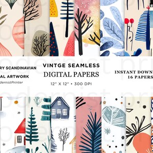 Pode incluir: Uma coleção de 16 papéis digitais com tema escandinavo de meados do século. Os papéis apresentam ilustrações em aquarela de árvores, folhas e formas abstratas em tons de azul, rosa e amarelo. Cada papel tem 30,48 cm x 30,48 cm e 300 DPI.