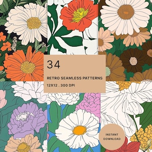 1970s Floral Digital Paper: Groovy Retro Patterns (34 JPGs)
