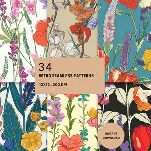 Op de afbeelding: Een collectie van 34 naadloze patronen met botanische illustraties van diverse bloemen en bladeren in verschillende kleurenpaletten. Een centraal beige vak toont de tekst 34 RETRO SEAMLESS PATTERNS 12X12 . 300 DPI en een ronde badge vermeldt INSTANT DOWNLOAD.