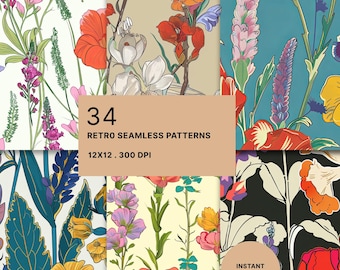 1970s Floral Seamless Patterns: Groovy Boho Digital Paper (34 Designs)