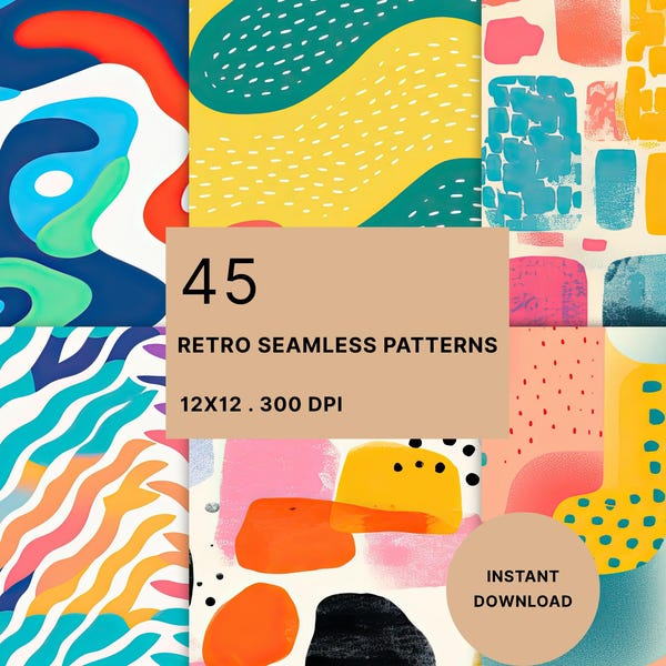 80s Geometric Risograph Seamless Textures: Retro CMYK Overprint Patterns (Digital Download)