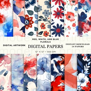 Papier numérique abstrait à motifs floraux rouges et bleus, 14 designs originaux, JPG instantané imprimable, parfait pour les travaux manuels, Americana, 1