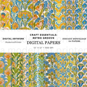 Carta digitale Craft Essentials Retro Groove, 16 disegni originali senza cuciture, JPG istantaneo stampabile perfetto per progetti di artigianato e fai da te, 1