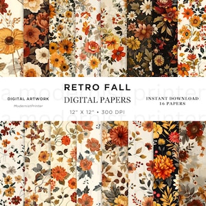 Carta digitale Mid-Century Fall Floral Classy, motivo senza soluzione di continuità, perfetta per scrapbooking, artigianato, inviti e fai da te. Download immediato, regalo
