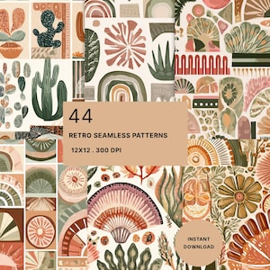 May include: A digital collection of 44 retro seamless patterns featuring botanical, cactus, and abstract geometric shapes in muted earth tones of terracotta, sage green, and cream. The image includes text stating 44 RETRO SEAMLESS PATTERNS 12X12 . 300 DPI and INSTANT DOWNLOAD.