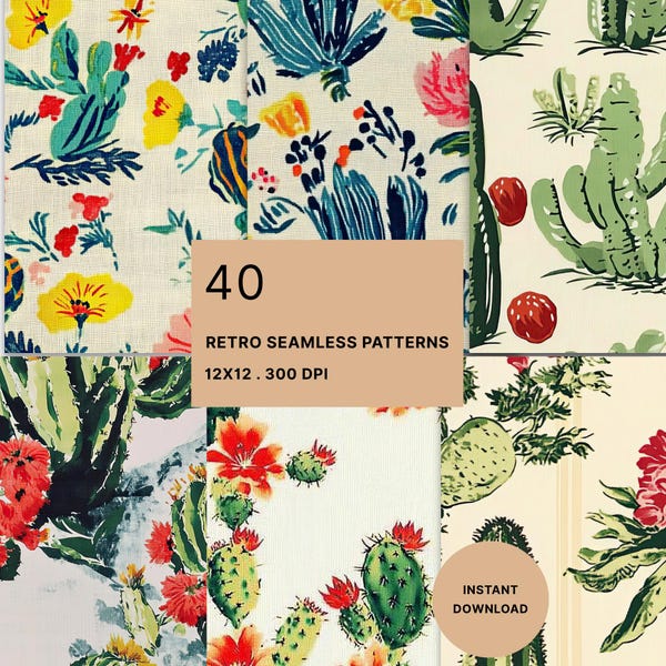 1950s Cactus Digital Paper: Seamless Retro Desert Pattern, Vintage Scrapbook Paper, Instant Download