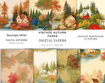 Scrapbook Paper Pack Retro Autumn Floral 1970s Vintage Boho Digital Download