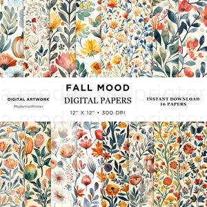 Carta digitale per acquerello Fall Mood Fancy florals, motivo senza soluzione di continuità, perfetta per scrapbooking, artigianato, inviti e fai da te. Download immediato