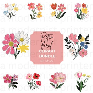 Elementos de clipart de flores retrô Flores em aquarela brilhantes png, clipart floral vibrante de verão, cartão de convite de casamento Clipart digital Primavera