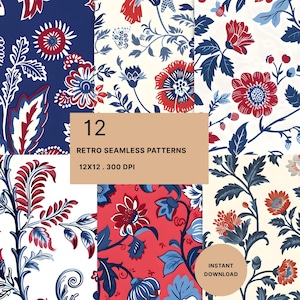 Könnte beinhalten: Eine Sammlung von 12 nahtlosen Mustern mit Blumen- und Pflanzenmotiven in Rot, Marineblau und Creme. Der zentrale Text lautet 12 RETRO SEAMLESS PATTERNS 12X12 . 300 DPI, und ein kreisförmiges Abzeichen zeigt den Text INSTANT DOWNLOAD.