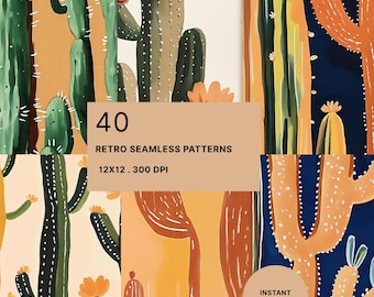 May include: A digital collection of 40 seamless patterns featuring painted cactus illustrations in shades of green, orange, and yellow against cream and dark blue backgrounds. The text reads 40 RETRO SEAMLESS PATTERNS 12X12 . 300 DPI and INSTANT DOWNLOAD.