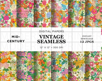 Retro Floral Digital Paper: 12 Original Designs for DIY Crafts (JPG, 12x12in)