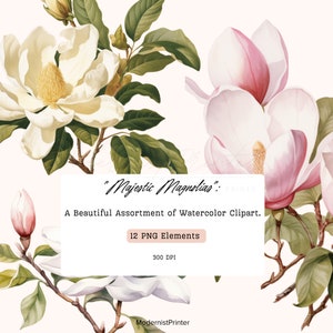 Watercolor Magnolia Clipart Bundle: Floral Design Elements (Digital Download)